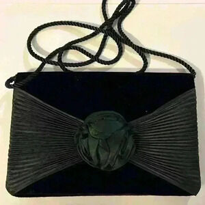 Vintage Saxone black satin clutch/ crossbody purse with Unique Renaissance bow​